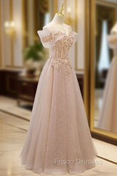 Champagne Tulle Lace A line Long Formal Prom Dress, Lace Champagne Evening Dress