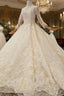 Champagne Tulle Lace Appliques High Neck Long Sleeve Beading Luxury Wedding Dress
