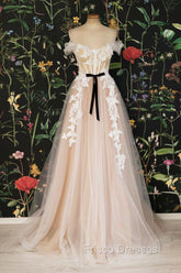 Champagne Tulle Lace Long Formal Prom Dress, A-Line Off the Shoulder Evening Dress