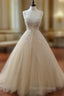 Champagne Tulle Lace Long Formal Prom Dress, Lace Wedding Dress