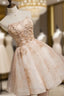 Champagne Tulle Lace Short Formal Prom Dress, Puffy Champagne Homecoming Dress
