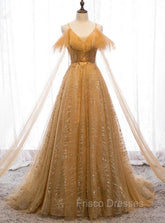 Champagne Tulle Lace V-neckline Beaded Unique Floor Length Party Dress, New Formal Prom Dress Evening Dress