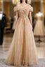 Champagne Tulle Off the Shoulder Embroidery Off the Shoulder Formal Prom Dress