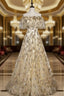 Champagne Tulle Sequins Short Sleeve Formal Prom Dress