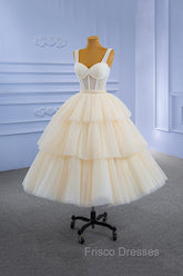 Champagne Tulle Short Formal Prom Dress with Beaded, A-Line Tea Length Party Dress