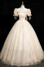Champagne Tulle Short Sleeve Floor Length Prom Dress, Beautiful A-Line Evening Party Dress