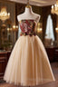 Champagne Tulle Strapless Tea Length Homecoming Dress