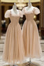 Champagne Tulle Tea Length Formal Prom Dress, Cute Short Sleeve Evening Dress
