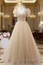 Champagne Tulle V-neck Short Sleeve Pleats Beading Formal Prom Dress