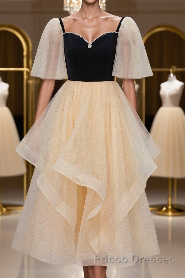 Champagne V Neck Tea Length Formal Prom Dresses, Tea-Length Formal Gra