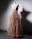 Champagne V Neck Tulle Lace Long Formal Prom Dress, Champagne Graduation Dress