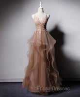 Champagne V Neck Tulle Lace Long Formal Prom Dress, Champagne Graduation Dress