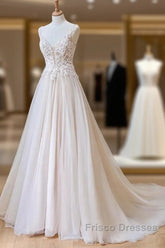 Champagne V Neck Tulle Lace Long Formal Prom Dress Evening Dress A Line Sleeveless Formal Dress