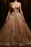 Champagne v neck tulle lace Formal Prom Dresses, champagne tulle evening Dresses