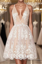 Champagne v neck tulle lace short Formal Prom Dresses champagne tulle bridesmaid Dresses