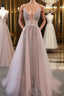 Champagne v neck tulle long Formal Prom Dresses, champagne evening Dresses