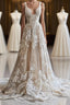 Champagne Vintage A-Line Spaghetti Strap Lace Tulle Long Formal Prom Dress Wedding Dress