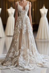 Champagne Vintage A-Line Spaghetti Strap Lace Tulle Long Formal Prom Dress Wedding Dress