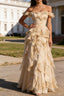 Champagne Ruffled A-Line Square Neck Long Prom Dress