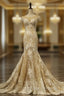 Champange Tulle Mermaid Sequins Lace Appliques Cap Sleeve Wedding Dress