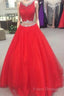 Charming Beaded Red Formal Prom Dress, Long Formal Prom Dress, Sexy Red Tulle Formal Dress