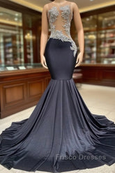 Charming Black Long Mermadi Jewel Satin Tulle Lace Appliques Formal Prom Dress