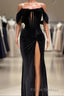 Charming Black Long Mermaid Off the Shoulder Velvet Formal Prom Dress with Slit