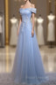 Charming Blue Elegant Tulle Party Dress with Lace Applique, Long Formal Prom Dress