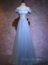 Charming Blue Elegant Tulle Party Dress with Lace Applique, Long Formal Prom Dress