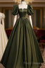 Charming Dark Green Puffy Sleeves Long Formal Gown, Satin Floor Length Formal Prom Dress