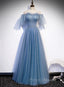 Charming Light Blue Tulle Puffy Sleeves Floor Length Party Dress, Blue A-line Pricess Gowns Formal Prom Dress