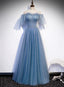 Charming Light Blue Tulle Puffy Sleeves Floor Length Party Dress, Blue A-Line Pricess Gowns Prom Dress