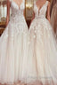 Charming Long A-Line V-neck Appliques Lace Tulle Wedding Dress