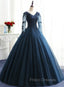 Charming Long Sleeves Navy Blue Tulle Party Gown, Navy Blue Formal Prom Dress