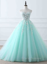 Charming Mint Green Tulle Ball Gown Sweet 16 Dress, Lace Applique Formal Prom Dress