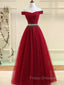 Charming Off Shoulder Tulle Beaded Formal Prom Gown, Wine Red Long Junior Formal Prom Dress