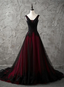 Charming Sleeveless Black And Red Lace Appliques Beaded Party Dress, Low Back Prom Dress