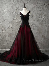 Charming Sleeveless Black and Red Lace Appliques Beaded Party Dress, Low Back Formal Prom Dress