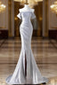 Charming Sliver Mermaid Party Dress, Sliver Off Shoulder Long Formal Prom Dress With Leg Slit