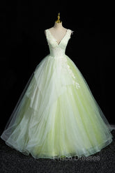 Charming Tulle Lace Green Formal Prom Dress, V-Neck Sleeveless Floor-Length Formal Evening Dress