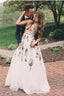 Charming V Neck A Line Prom Dress With Embroidery, Open Back Evening Dress