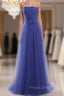 Cheap Blue Tulle Strapless Long Simple Formal Prom Dress With Bow