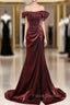 Cheap Burgundy mermaid Off the Shoulder Pleats Formal Prom Dress