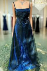 Chic A Line Spaghetti Straps Navy Blue Tulle Evening Dress Long Formal Prom Dress