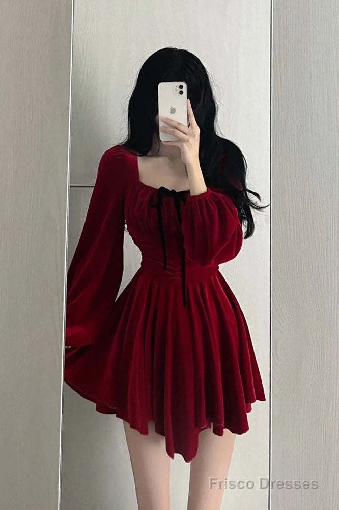 Chic A Line Square Neckline Long Sleeves Red Velvet Party Dress Birthd Frisco Dresses Chic A Line Square Neckline Long Sleeves Red Velvet Party Dress Birthd Frisco Dresses