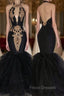 Chic Backless Formal Prom Dress with Gold Appliques Mermaid Halter Evening Gowns with Keyhole