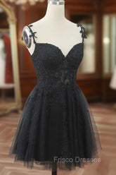 Chic Black Lace Straps Tulle Short Party Drss, Black Sweetheart Homecoming Dress