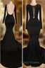 Chic Black Mermaid Formal Prom Party GownsLong Sleeves With Lace Appliques