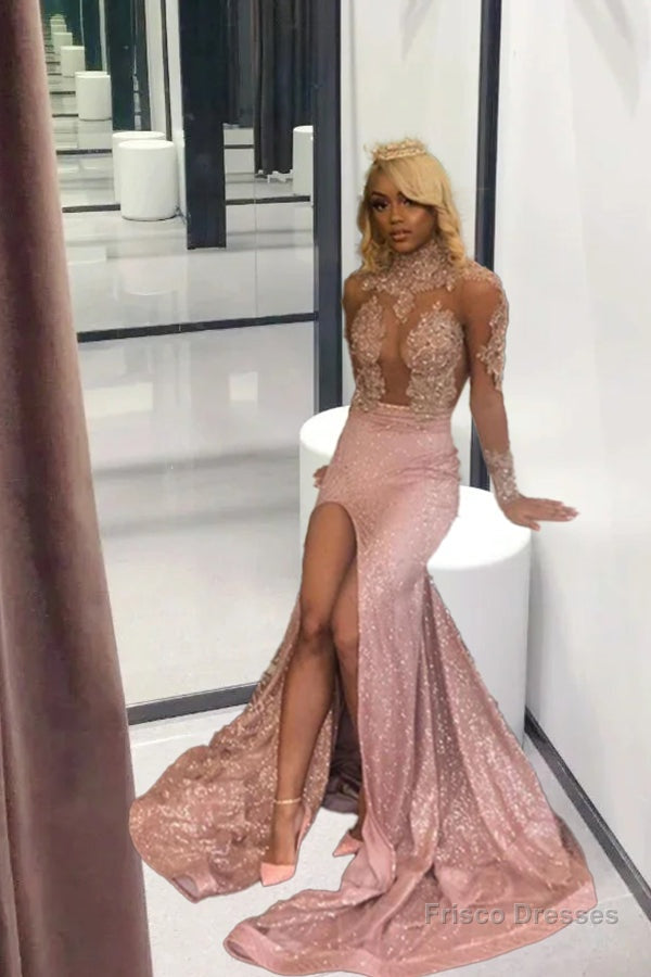 Chic Dusty Pink Long Sleevess Lace Appliques New Arrival High Split Se Frisco Dresses Chic Dusty Pink Long Sleevess Lace Appliques New Arrival High Split Se Frisco Dresses
