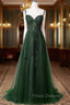 Chic Green Straps Tulle with Lace Party Dress, A-line Sweetheart Floor Length Formal Prom Dress